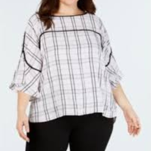 Calvin Klein Tops - Calvin Klein Piped Trim Windowpane Printed Blouse